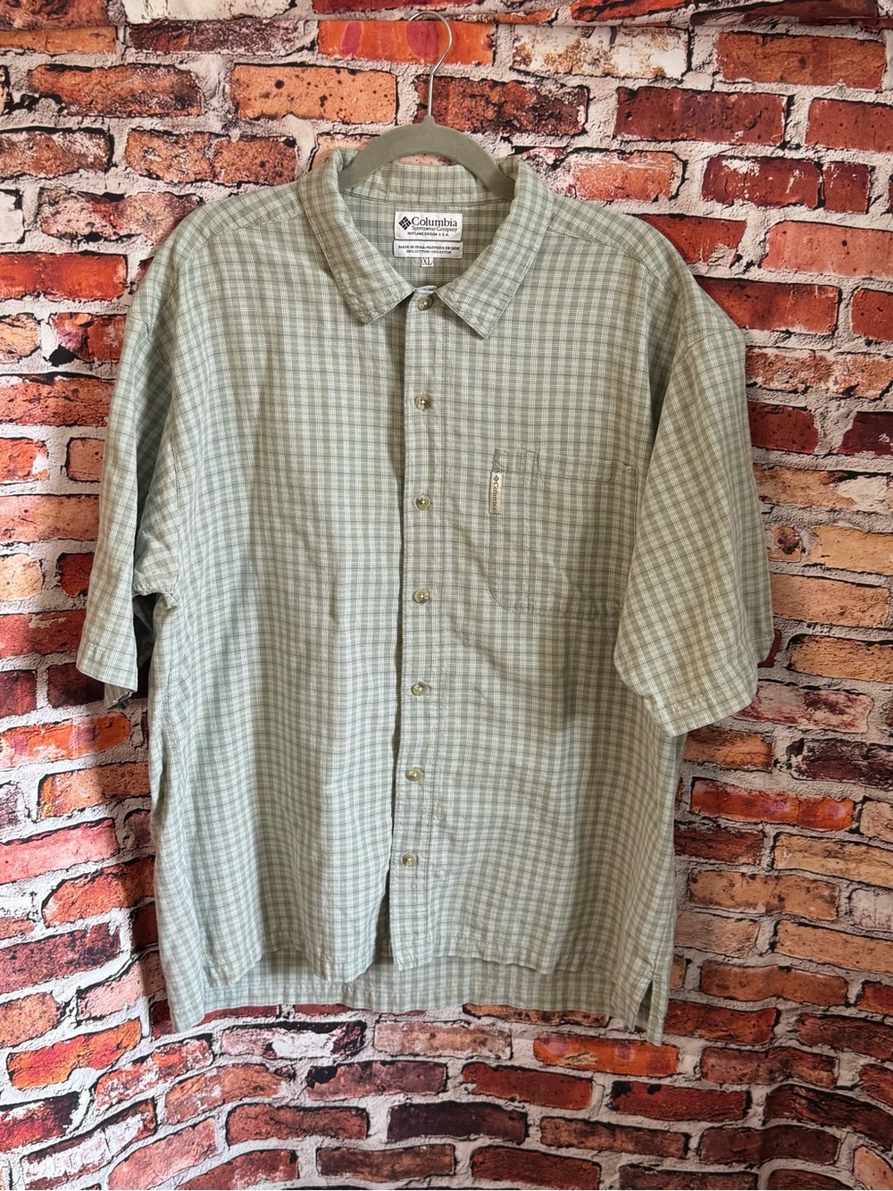Columbia Men’s XL Green Plaid Short Sleeve Button Up Shirt Cotton Outdoor